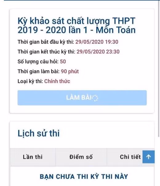 Có em đã làm và nhấn nút "Nộp bài" thì hệ thống báo "Bạn chưa thi kỳ thi này