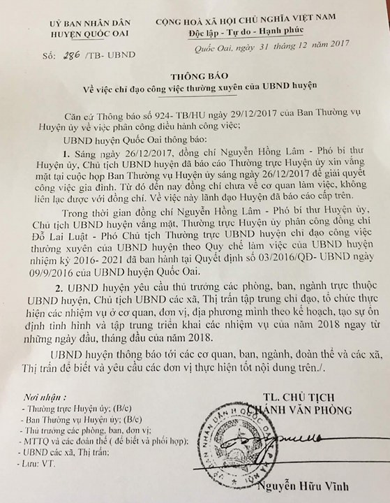 Thông báo của Ủy ban nhân dân huyện Quốc Oai, Hà Nội (ảnh nguồn báo Vietnamnet). Thông báo của Ủy ban nhân dân huyện Quốc Oai, Hà Nội (ảnh nguồn báo Vietnamnet).