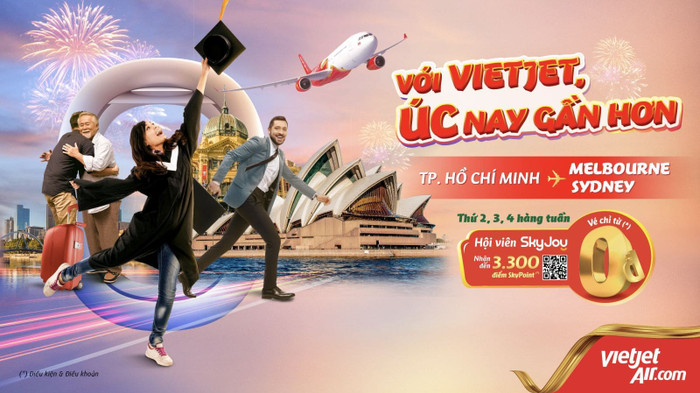 Vietjet tung khuyến mãi hấp dẫn từ 0 đồng (*) mở bán không giới hạn khung giờ vào thứ thứ Hai, Ba, Tư mỗi tuần áp dụng cho tất cả đường bay giữa Việt Nam – Úc Vietjet tung khuyến mãi hấp dẫn từ 0 đồng (*) mở bán không giới hạn khung giờ vào thứ thứ Hai, Ba, Tư mỗi tuần áp dụng cho tất cả đường bay giữa Việt Nam – Úc