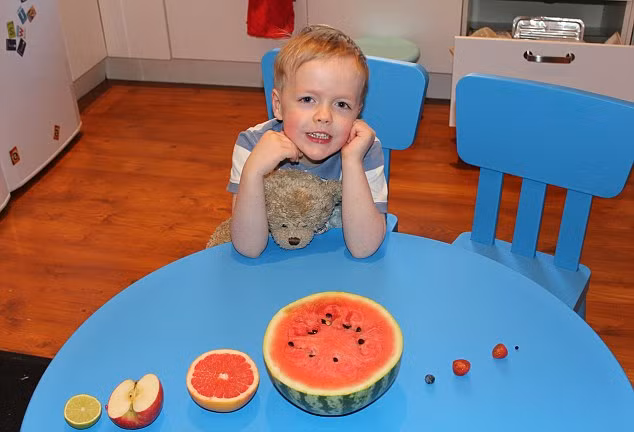 Cậu bé Jame bên cạnh các hành tinh được tạo thành từ trái cây tươi trong bức hình dự thi của Ruth Mc Lernon