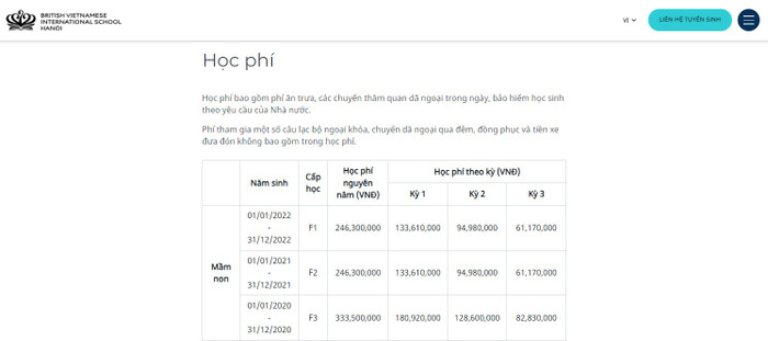 Ảnh chụp màn hình một phần biểu học phí tại Trường Quốc tế Anh Việt QT anh việt 1.jpg