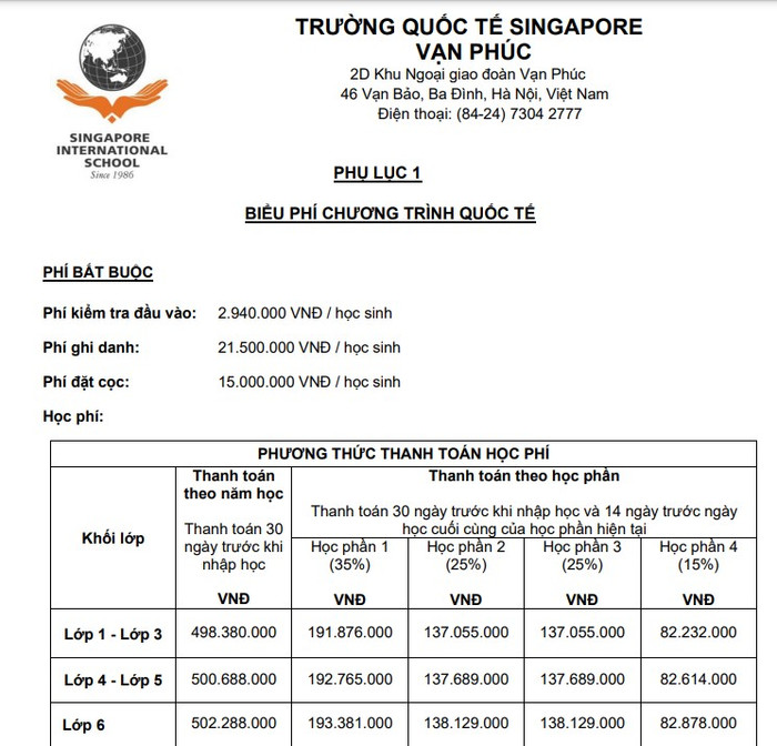Ảnh chụp màn hình một phần học phí đối với chương trình quốc tế tại Trường Quốc tế Singapore quốc tế singgapo.jpg