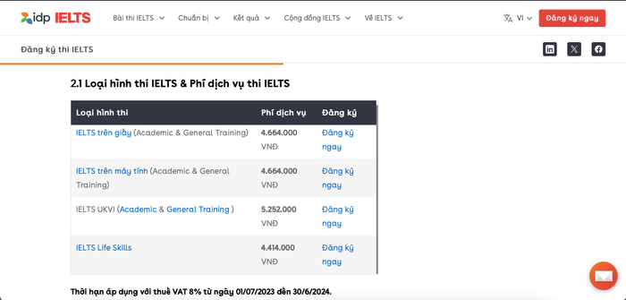 Mức phí đối với thi chứng chỉ IELTS tại Công ty TNHH Giáo dục IDP. Ảnh chụp màn hình Ảnh chụp Màn hình 2024-05-12 lúc 14.34.56.png