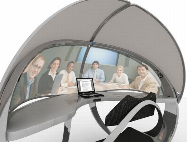 5. Bàn hình elip Đây là chiếc bàn làm việc khá đặc biệt được thiết kế bởi Marcus Ward Curran, Australia. Nó tạo ra một không gian làm việc riêng tư và có thể điều chỉnh cho phù hợp với diện tích phòng. Chiếc bàn trông giống như ô che gồm một bàn chính, vách ngăn mở, bàn dành cho đồng nghiệp. Ngoài ra nó còn được lắp một camera và loa. Tùy thuộc vào nhu cầu sử dụng mà chiếc bàn đa năng này được thay đổi cho phù hợp với một cuộc họp, bàn làm việc cá nhân hay không gian mở. Đặc biệt, bàn được làm từ chất liệu thân thiện với môi trường, tạo hiệu quả làm việc cao.