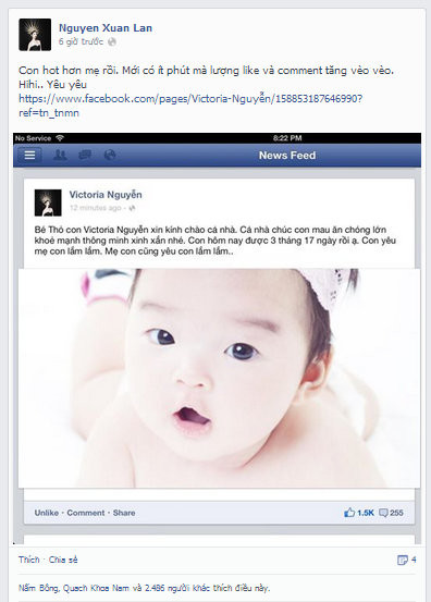 Xuân Lan hồ hởi chia sẻ sau khi tung hình bé Thỏ, lượng like trang fanpage của con gái tăng lên nhanh chóng.