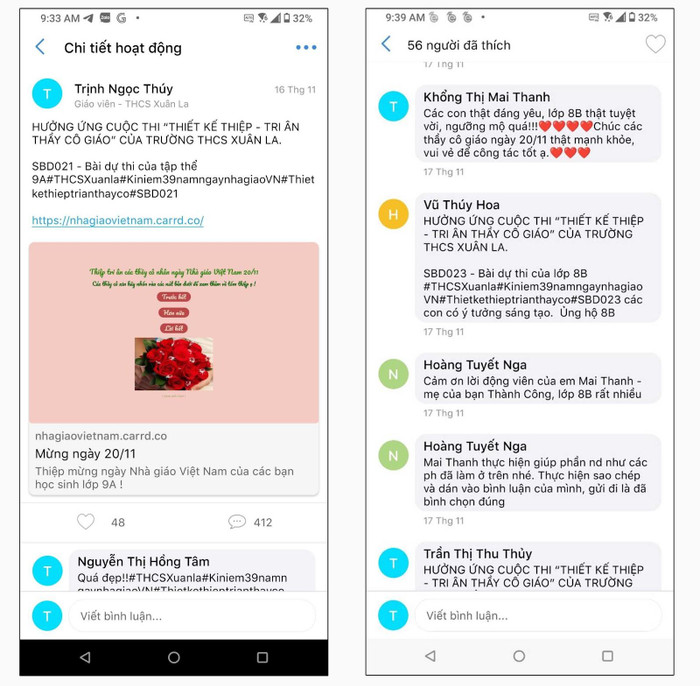 Học sinh trường Trung học cơ sở Xuân La,Tây Hồ, Hà Nội nhiệt liệt hưởng ứng hoạt động thiết kế thiệp tri ân thầy cô giáo được phát động trên ứng dụng eNetViet. Các sản phẩm được trình bày sáng tạo dưới rất nhiều hình thức từ vẽ tay đến thiết kế hình ảnh online và dàn dựng video chuyên nghiệp. Mỗi sản phẩm sau khi đăng tải đều nhận được “cơn mưa” lời khen đến từ giáo viên và phụ huynh học sinh trong toàn trường.