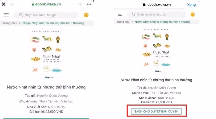 Hình ảnh website của công ty cổ phần Waka bán cuốn ebook “Nước Nhật nhìn từ những thứ bình thường” trước và sau khi nhận được chất vấn của tác giả Nguyễn Quốc Vương