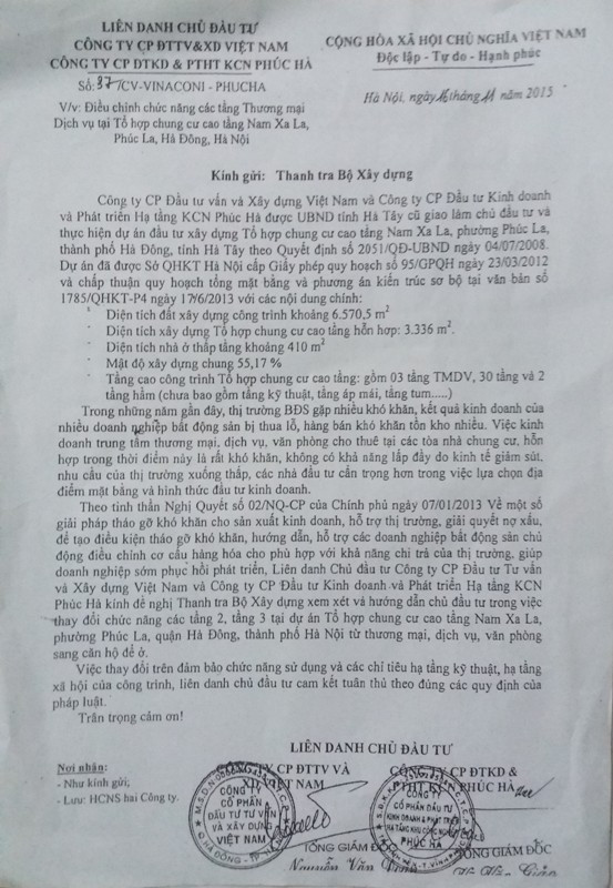 Văn bản của Liên danh chủ đầu tư dự án Nam Xa La gửi Thanh tra Bộ Xây dựng đề nghị xem xét và hướng trong việc thay đổi chức năng các tầng 02, tầng 03 với mục đích muốn hợp thức hóa cho sai phạm của mình. Ảnh Bảo Nam. Văn bản của Liên danh chủ đầu tư dự án Nam Xa La gửi Thanh tra Bộ Xây dựng đề nghị xem xét và hướng trong việc thay đổi chức năng các tầng 02, tầng 03 với mục đích muốn hợp thức hóa cho sai phạm của mình. Ảnh Bảo Nam.