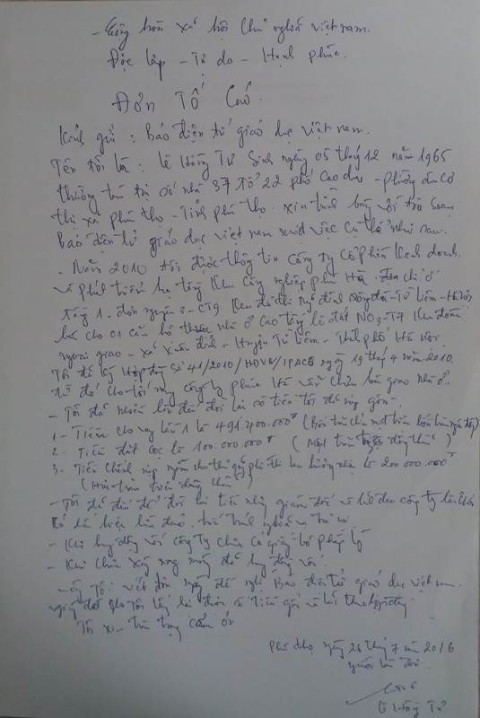 Đơn tố cáo của ông Lê Văn Tư gửi Báo điện tử Giáo dục Việt Nam. Ảnh Bảo Nam. Đơn tố cáo của ông Lê Văn Tư gửi Báo điện tử Giáo dục Việt Nam. Ảnh Bảo Nam.