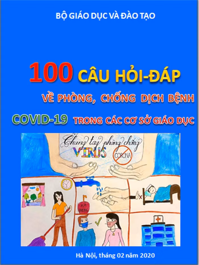 Trang bìa tài liệu “100 câu hỏi - đáp về phòng, chống dịch bệnh Covid-19 trong các cơ sở giáo dục” (Ảnh: moet.gov.vn)