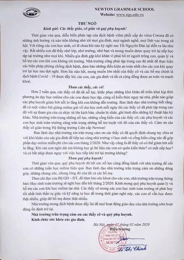 Ngày 17/2, Trường liên cấp Newton đã có thư ngỏ gửi thầy cô, phụ huynh.
