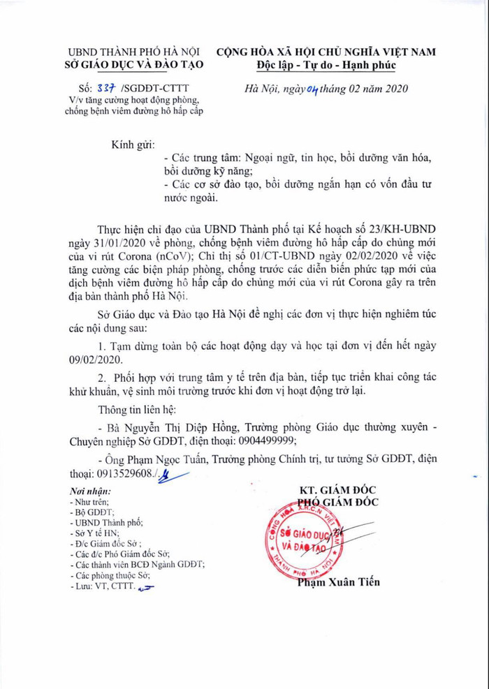 Trung tâm ngoại ngữ, ngoại khoá, bồi dưỡng kỹ năng của Hà Nội tạm dừng dạy học 1 tuần