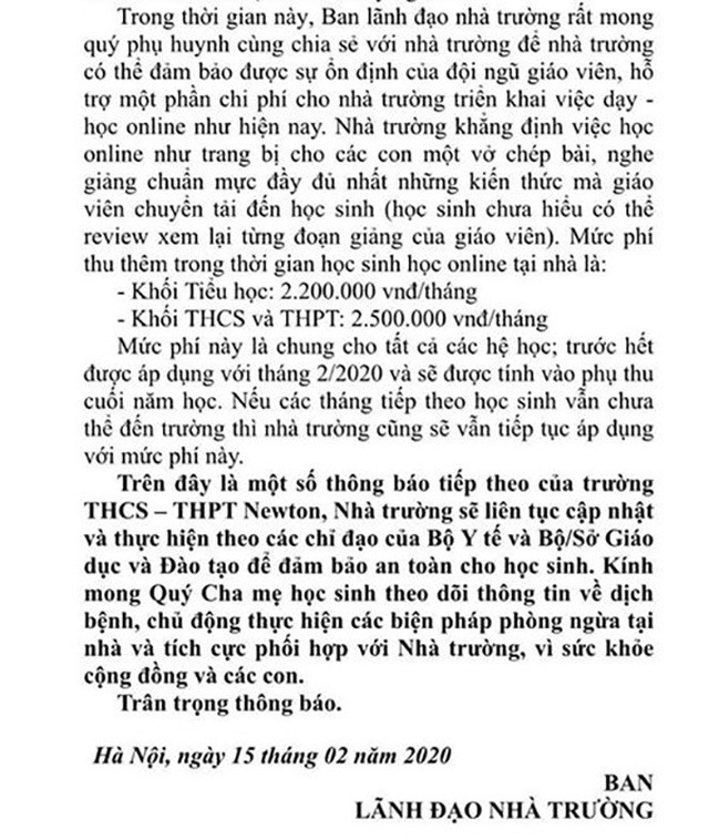 Ngày 17/2 trên nhiều diễn đàn trực tuyến, các cư dân mạng chia sẻ sau văn bản có tên gọi "Thông báo số 15" của trường Newton nhưng lãnh đạo nhà trường khẳng định đây là văn bản chưa chính thức, chưa có hiệu lực Ngày 17/2 trên nhiều diễn đàn trực tuyến, các cư dân mạng chia sẻ sau văn bản có tên gọi "Thông báo số 15" của trường Newton nhưng lãnh đạo nhà trường khẳng định đây là văn bản chưa chính thức, chưa có hiệu lực