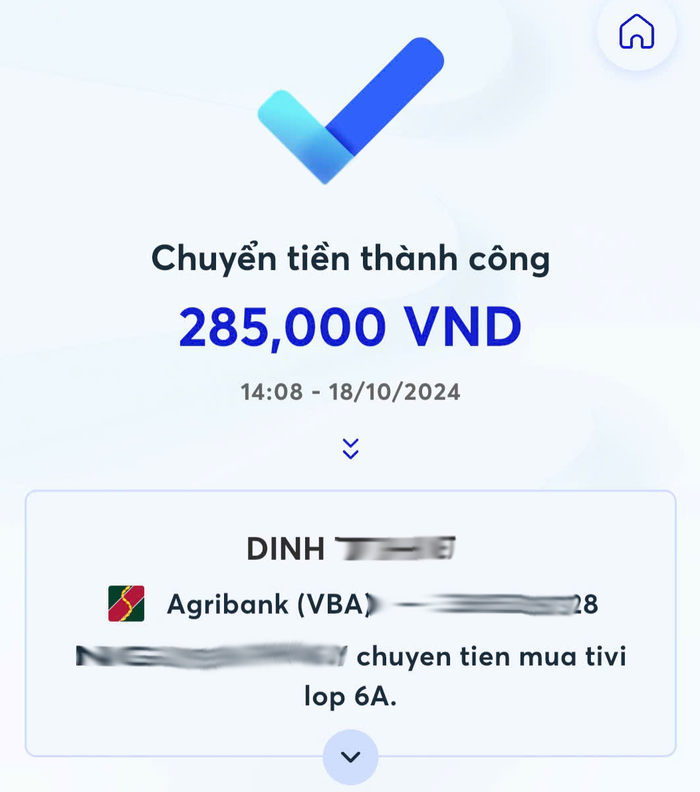 Thông tin chuyển tiền được phụ huynh chuyển vào tài khoản giáo viên chủ nhiệm lớp 6A. Ảnh: Phụ huynh cung cấp gdvn-ctk-7664.png
