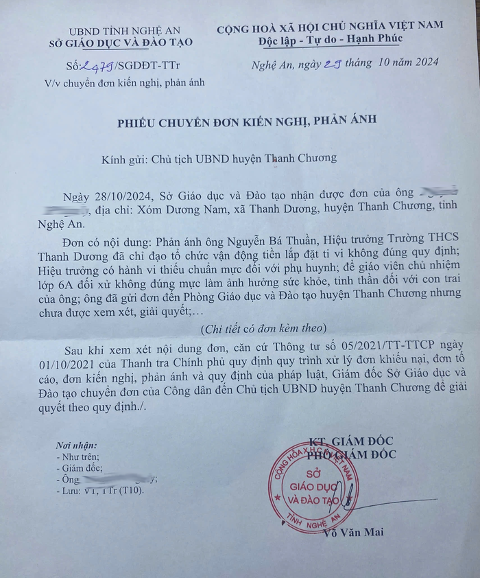 Công văn chuyển đơn kiến nghị của Sở Giáo dục và Đào tạo Nghệ An. Ảnh: Phụ huynh cung cấp GDVN_cv Sơ gd.png