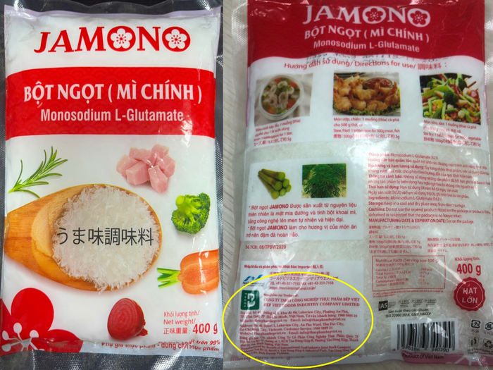 Thông tin trên bao bì sản phẩm "Bột ngọt (mì chính) Jamono" ghi tên Công ty TNHH Công nghiệp thực phẩm Bếp Việt, địa chỉ: Số 40 đường số 5, khu đô thị Lakeview City, phường An Phú, thành phố Thủ Đức. GDVN_a1-3.png