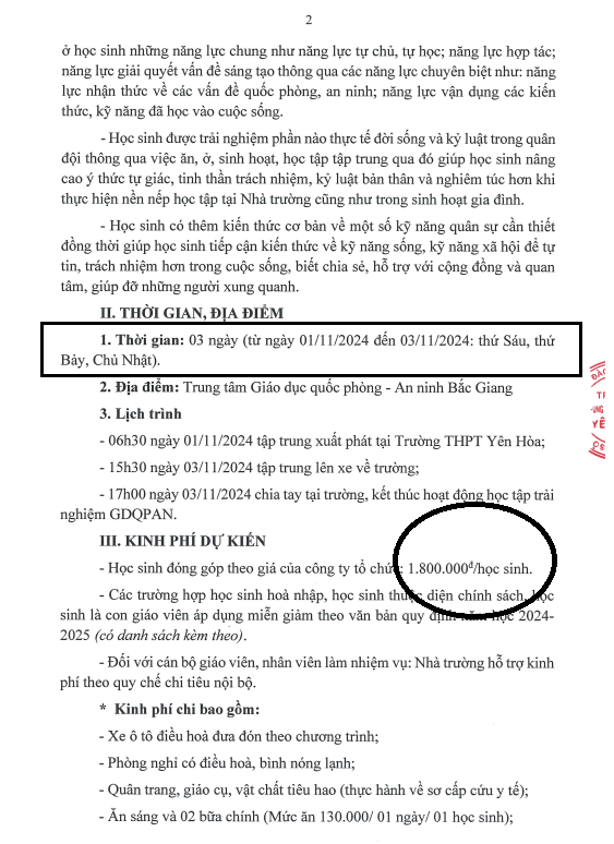 Phụ huynh cho rằng, mức thu 1,8 triệu/ học sinh là cao hơn so với một số trường học khác có tổ chức trải nghiệm cho học sinh với cùng một tên gọi hoạt động và thời gian tham gia. Ảnh: Phụ huynh cung cấp GDVN_yh1.png