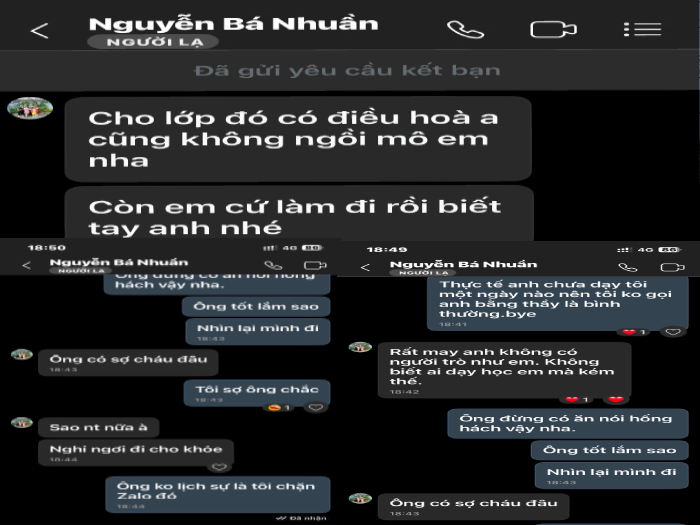 Đoạn tin nhắn zalo của tài khoản tên "Nguyễn Bá Nhuần" gửi cho phụ huynh với lời lẽ phụ huynh cho là dọa nạt, thách thức. Ảnh: Phụ huynh cung cấp GDVN_ht nt.png