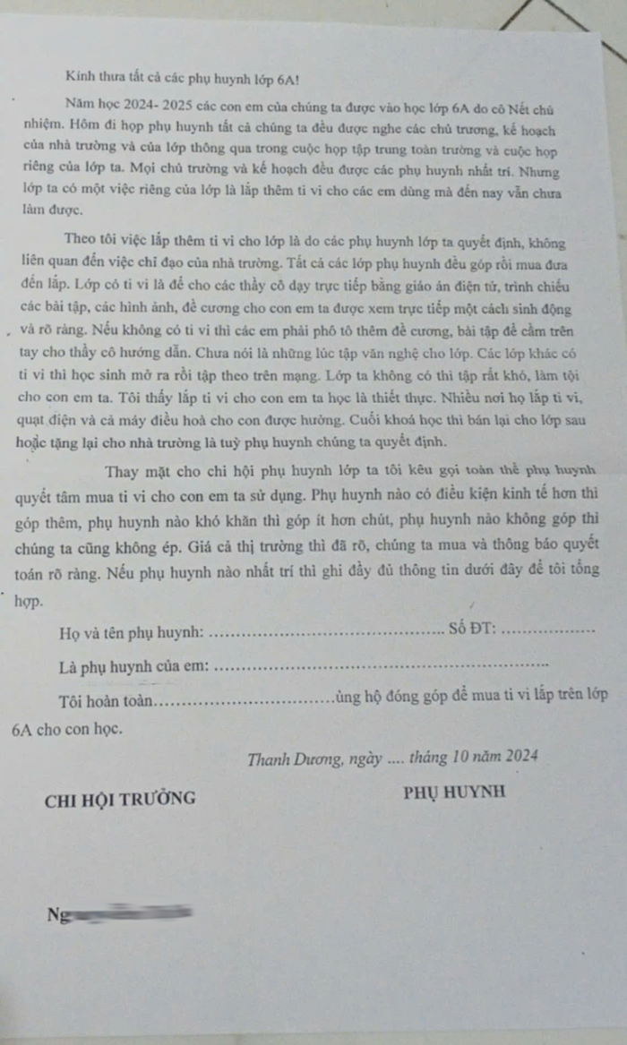 Phiếu kêu gọi đóng góp mua tivi (lần 2) của lớp 6A Trường Trung học cơ sở Thanh Dương. Phiếu này con của anh N.P.U không được giáo viên chủ nhiệm phát. Ảnh: Phụ huynh cung cấp. GDVN_phiếu kg.png