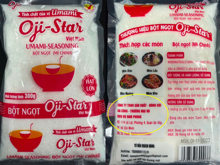 Trên bao bì sản phẩm Bột ngọt Oji - Star không tìm thấy dòng chữ ghi xuất xứ hàng hóa. Địa chỉ ghi trên bao bì sản phẩm là 114 Lê Lợi, phường 4, quận Gò Vấp, thành phố Hồ Chí Minh. GDVN_a1-2.png