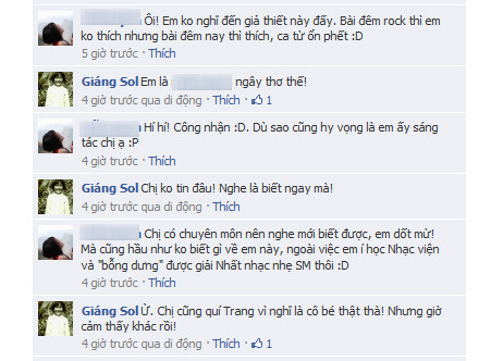 Trước đó, trong đêm nhạc Rock, Thúy Trang cũng thể hiện một ca khúc tự sáng tác. Tuy nhiên, lần này nữ nhạc sĩ Giáng Son khẳng định ca khúc 'Hãy gần bên em' không phải là do Thúy Trang sáng tác. (Theo 2sao) Trước đó, trong đêm nhạc Rock, Thúy Trang cũng thể hiện một ca khúc tự sáng tác. Tuy nhiên, lần này nữ nhạc sĩ Giáng Son khẳng định ca khúc 'Hãy gần bên em' không phải là do Thúy Trang sáng tác. (Theo 2sao)