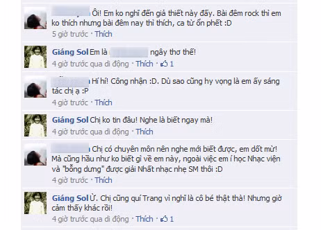 Trước đó, trong đêm nhạc Rock, Thúy Trang cũng thể hiện một ca khúc tự sáng tác. Tuy nhiên, lần này nữ nhạc sĩ Giáng Son khẳng định ca khúc 'Hãy gần bên em' không phải là do Thúy Trang sáng tác. (Theo 2sao)