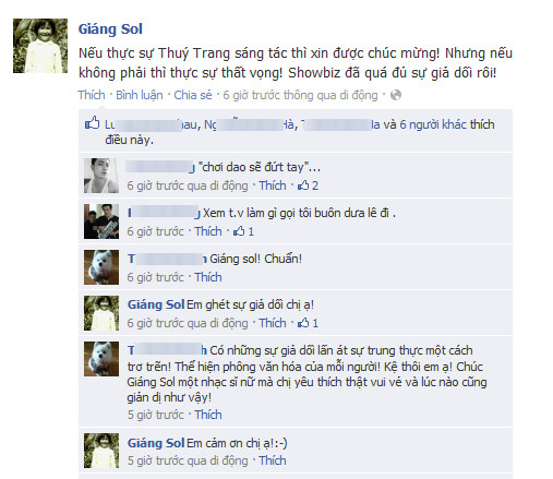 Nhạc sĩ Giáng Son đã đăng status trên facebook cá nhân của mình với ý nghi ngờ ca khúc tự sáng tác của Đoàn Thúy Trang trong đêm nhạc R&B và Dance Sao mai điểm hẹn 2012 diễn ra vào tối qua. Nhạc sĩ Giáng Son đã đăng status trên facebook cá nhân của mình với ý nghi ngờ ca khúc tự sáng tác của Đoàn Thúy Trang trong đêm nhạc R&B và Dance Sao mai điểm hẹn 2012 diễn ra vào tối qua.