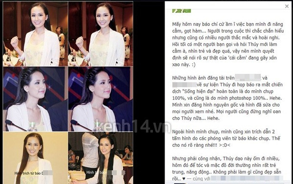 Tuy nhiên, mới đây trên facebook một người bạn thân thiết của Mai Phương Thúy đã chia sẻ những bức ảnh gần đây của Mai Phương Thúy là do anh ấy chụp và có sử dụng kỹ thuật photoshop để chỉnh sửa. Hoàn toàn không có việc Hoa hậu Việt Nam 2006 nhờ dao kéo can thiệp đến sắc đẹp của mình. (Theo Kênh 14) Tuy nhiên, mới đây trên facebook một người bạn thân thiết của Mai Phương Thúy đã chia sẻ những bức ảnh gần đây của Mai Phương Thúy là do anh ấy chụp và có sử dụng kỹ thuật photoshop để chỉnh sửa. Hoàn toàn không có việc Hoa hậu Việt Nam 2006 nhờ dao kéo can thiệp đến sắc đẹp của mình. (Theo Kênh 14)