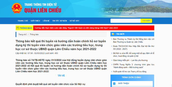 Quận Liên Chiểu đã có thông báo kết quả thi tuyển viên chức giáo dục đăng tải lên cổng thông tin điện tử của quận. Ảnh chụp màn hình: AN Quận Liên Chiểu đã có thông báo kết quả thi tuyển viên chức giáo dục đăng tải lên cổng thông tin điện tử của quận. Ảnh chụp màn hình: AN