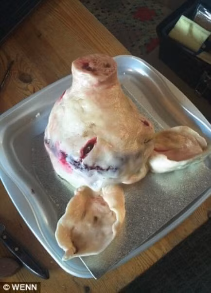 Chiếc bánh kì dị này sử dụng kẹo dẻo là làm "mụn mủ" cùng với mứt và màu thực phẩm cho máu. Một tính năng sáng tạo "kinh dị" là toàn bộ đầu của một con heo được nhào nặn ở dạng bánh, hoàn thành với 2 chiếc tai lớn và cái mõm hoàn hảo.