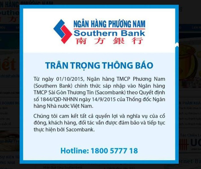 Nhiều ngay nay khách hàng truy cập vào trang website của Ngân hàng Phương Nam luôn nhận được thông báo với nội dung Ngân hàng Phương Nam sáp nhập vào Sacombank (ảnh chụp màn hình).