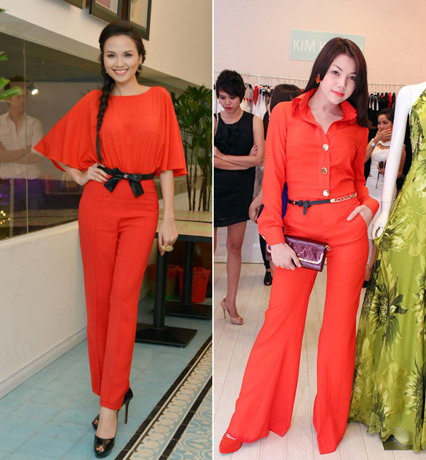 Jumpsuits màu đỏ rất dễ tạo cảm giác đồng bóng, lòe loẹt nếu có kiểu dáng phức tạp, trong trường hợp của 2 chân dài này, Diễm Hương nằm ở diện "cảnh báo" còn Trà Ngọc Hằng đã đạt ngưỡng "chuối, sến" với quá nhiều màu đỏ. Jumpsuits màu đỏ rất dễ tạo cảm giác đồng bóng, lòe loẹt nếu có kiểu dáng phức tạp, trong trường hợp của 2 chân dài này, Diễm Hương nằm ở diện "cảnh báo" còn Trà Ngọc Hằng đã đạt ngưỡng "chuối, sến" với quá nhiều màu đỏ.
