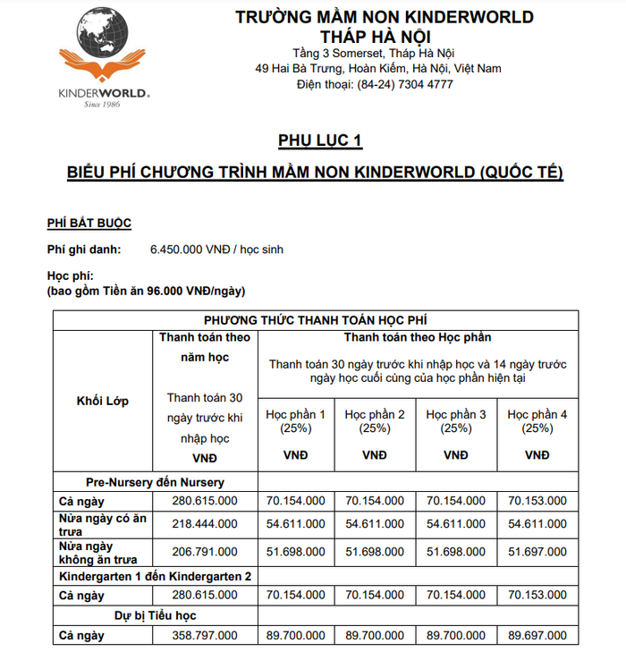 Ảnh chụp màn hình một phần biểu học phí tại Trường Mầm Non KinderWorld Screenshot 2024-06-07 154213.png