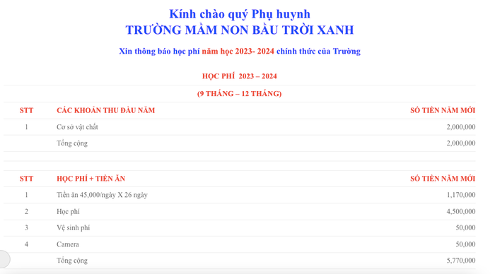 Ảnh chụp màn hình một phần biểu học phí tại Trường Mầm non Bầu trời xanh Ảnh chụp Màn hình 2024-06-15 lúc 12.52.52.png