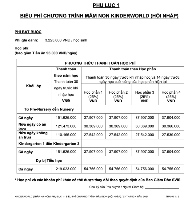 Ảnh chụp màn hình một phần biểu học phí tại Trường Mầm Non KinderWorld Ảnh chụp Màn hình 2024-06-15 lúc 15.57.31.png