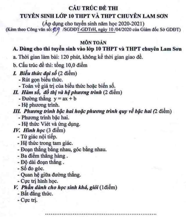 Kỳ thi tuyển sinh vào lớp 10 trung học phổ thông năm học 2020 - 2021 tại Thanh Hóa, thí sinh sẽ thi 3 môn, gồm: Toán, Ngữ văn, tiếng Anh. (Ảnh chụp màn hình) Kỳ thi tuyển sinh vào lớp 10 trung học phổ thông năm học 2020 - 2021 tại Thanh Hóa, thí sinh sẽ thi 3 môn, gồm: Toán, Ngữ văn, tiếng Anh. (Ảnh chụp màn hình)