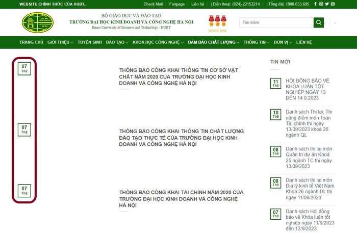 Danh sách các bài đăng hàng đầu trong mục "Ba công khai" của Trường Đại học Kinh doanh và Công nghệ Hà Nội cho thấy ngày đăng gần nhất là ngày 7/2/202 có dữ liệu thông tin ba công khai của năm 2020 và các năm liền kề trước đó, không tìm thấy dữ liệu ba công khai của năm 2023. Ảnh chụp màn hình Danh sách các bài đăng hàng đầu trong mục "Ba công khai" của Trường Đại học Kinh doanh và Công nghệ Hà Nội cho thấy ngày đăng gần nhất là ngày 7/2/202 có dữ liệu thông tin ba công khai của năm 2020 và các năm liền kề trước đó, không tìm thấy dữ liệu ba công khai của năm 2023. Ảnh chụp màn hình