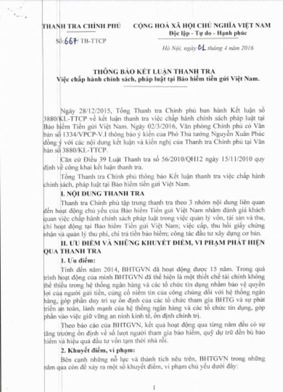 Thanh tra Chính phủ công bố Kết luận việc chấp hành chính sách, pháp luật tại Bảo hiểm tiền gửi Việt Nam - ảnh chụp màn hình. Thanh tra Chính phủ công bố Kết luận việc chấp hành chính sách, pháp luật tại Bảo hiểm tiền gửi Việt Nam - ảnh chụp màn hình.