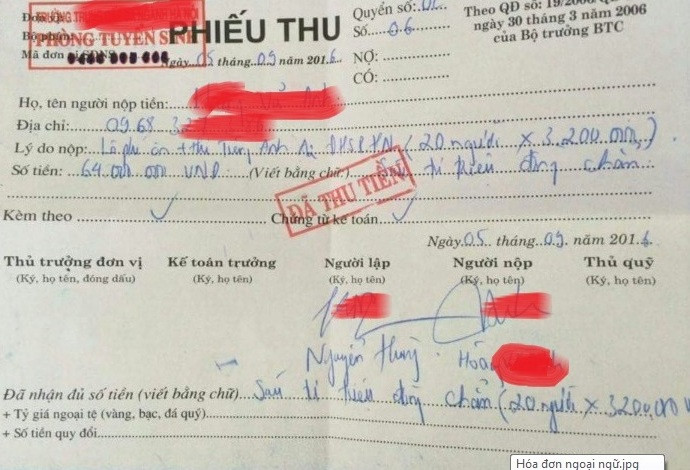 Hóa đơn thu tiền 64 triệu đồng tiền học ngoại ngữ (ảnh do chị H. cung cấp). Hóa đơn thu tiền 64 triệu đồng tiền học ngoại ngữ (ảnh do chị H. cung cấp).