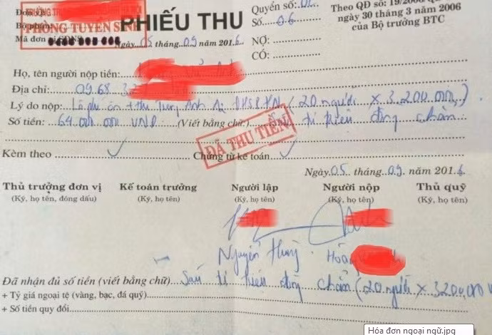 Hóa đơn thu tiền 64 triệu đồng tiền học ngoại ngữ (ảnh do chị H. cung cấp).