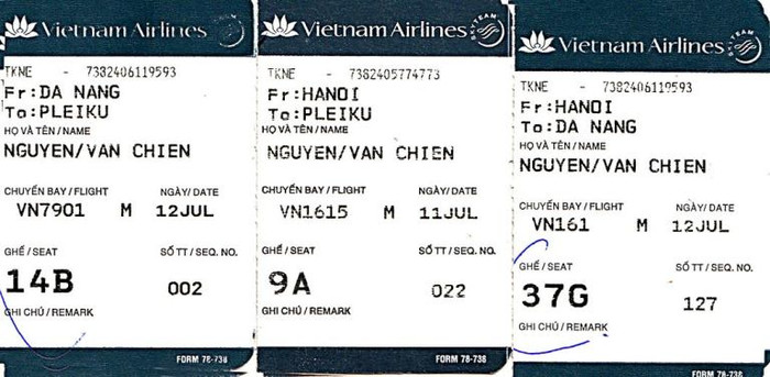 Ba cuống vé máy bay của khách hàng Nguyễn Văn Chiến (từ trái qua phải): Cuống vé Đà Nẵng đi Pleiku chuyến bay Vn7901; Cuống vé Hà Nội - Pleiku chuyến bay 1615 và cuống vé Hà Nội - Đà Nẵng chuyến bay 1615. Ba cuống vé máy bay của khách hàng Nguyễn Văn Chiến (từ trái qua phải): Cuống vé Đà Nẵng đi Pleiku chuyến bay Vn7901; Cuống vé Hà Nội - Pleiku chuyến bay 1615 và cuống vé Hà Nội - Đà Nẵng chuyến bay 1615.