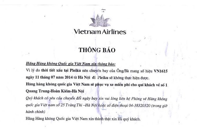 Thông báo của Vietnam Airline về việc hủy chuyến bay VN1615 (ảnh do độc giả cung cấp) Thông báo của Vietnam Airline về việc hủy chuyến bay VN1615 (ảnh do độc giả cung cấp)