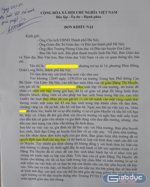 Đơn khiếu nại của phụ huynh em Đinh Trần Phương M., gửi đến Báo điện tử Giáo dục Việt Nam. Ảnh Trần Việt. Đơn khiếu nại của phụ huynh em Đinh Trần Phương M., gửi đến Báo điện tử Giáo dục Việt Nam. Ảnh Trần Việt.