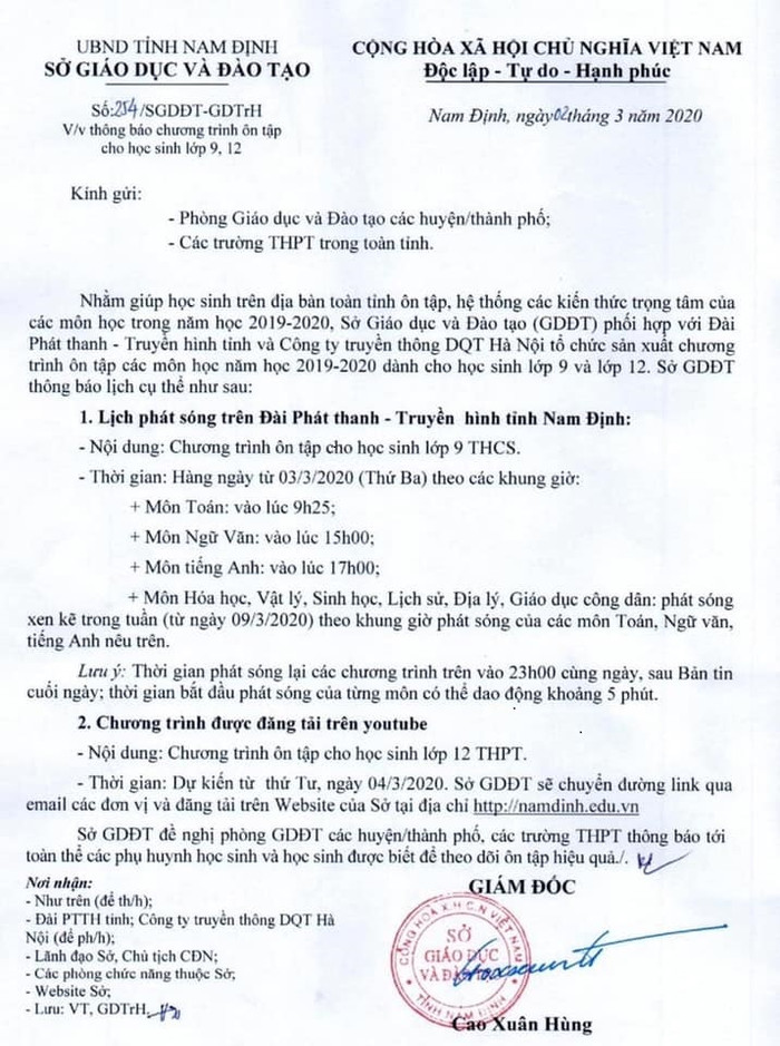 Ngày 2/3, Sở Giáo dục và Đào tạo Nam Định thông báo lịch phát sóng chương trình học tập cho học sinh cuối cấp trên toàn tỉnh Ngày 2/3, Sở Giáo dục và Đào tạo Nam Định thông báo lịch phát sóng chương trình học tập cho học sinh cuối cấp trên toàn tỉnh