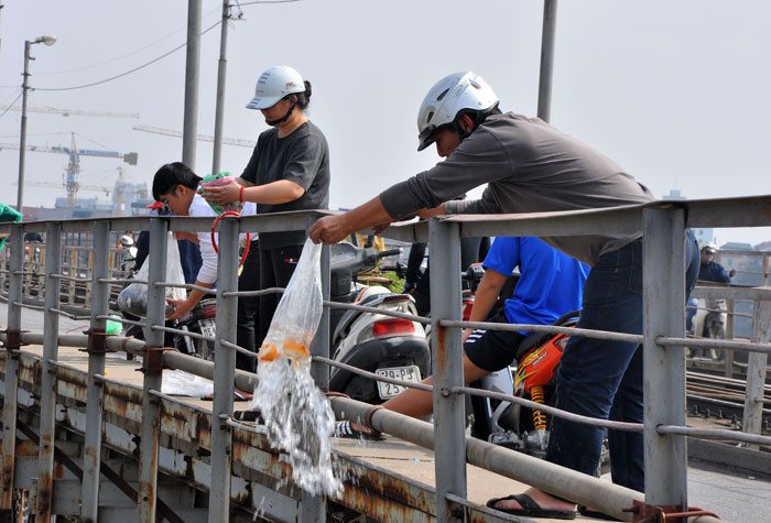 Người dân chen nhau lên cầu Long Biên để thả cá cho ông Công, ông Táo Người dân chen nhau lên cầu Long Biên để thả cá cho ông Công, ông Táo