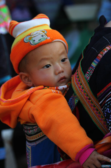 Ngoan ngoãn trong chiếc địu vải trên lưng mẹ.