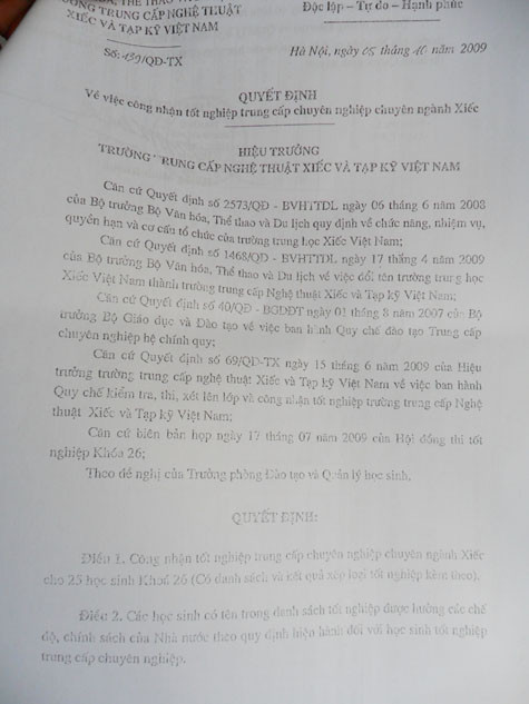 Quyết định công nhận tốt nghiệp đối với 25 học sinh khóa 26 do Hiệu trưởng Hoàng Minh Khánh ký ngày 05/10/2009.