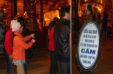 Mặc dù có qui định cấm chụp ảnh trong chùa Bái Đính nhưng không ít người vẫn cố tình làm ngơ. Mặc dù có qui định cấm chụp ảnh trong chùa Bái Đính nhưng không ít người vẫn cố tình làm ngơ.