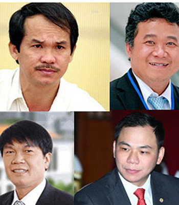 Từ trái qua phải, từ trên xuống dưới: ông Đoàn Nguyên Đức, ông Đặng Thành Tâm, ông Trần Đình Long, ông Phạm Nhật Vượng. (7 đại gia giàu nhất thị trường chứng khoán VN)