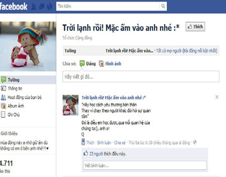 Trời lạnh rồi mặc ấm vào anh nhé. Trời lạnh rồi mặc ấm vào anh nhé.